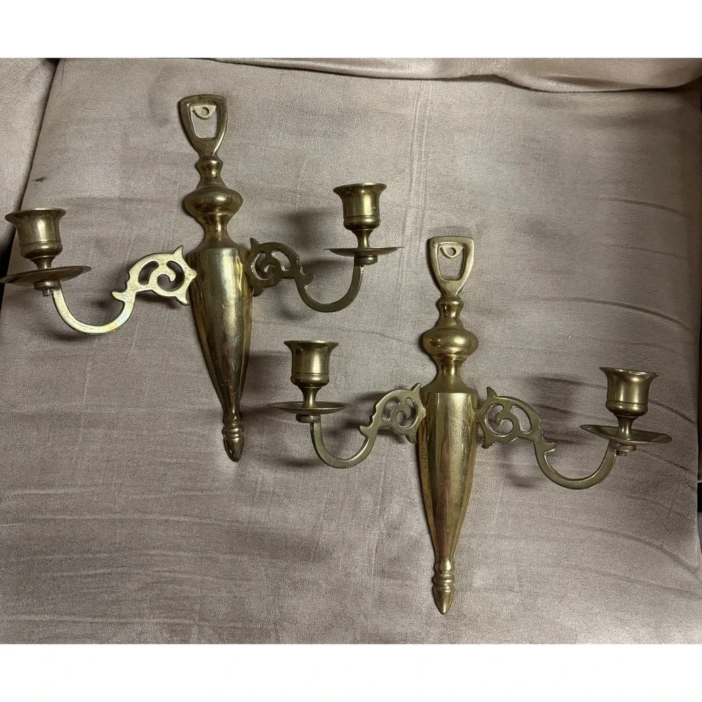 Vintage Solid Brass 2 Arm Candle Holder Wall Mounted Sconce Candelabra 10
